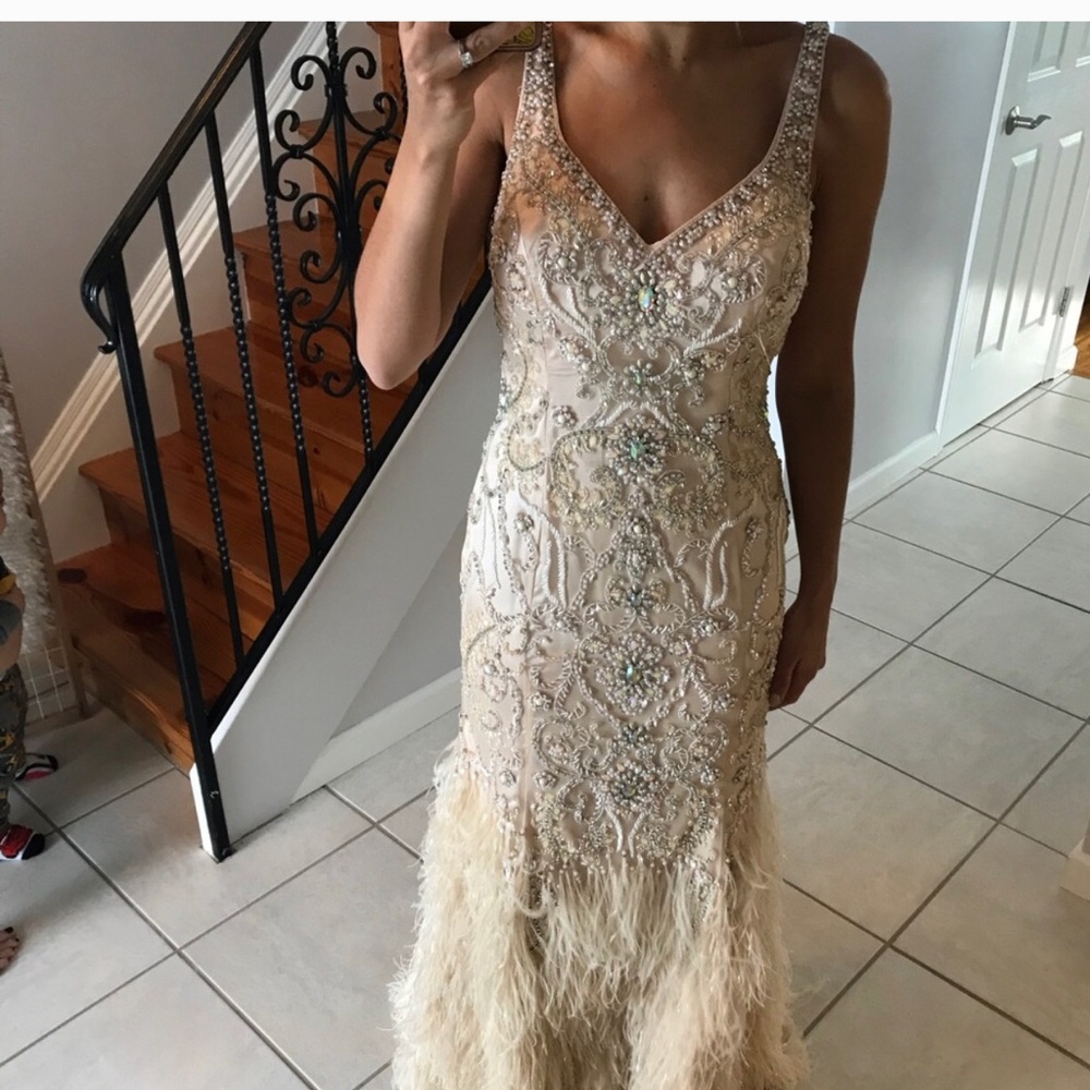 Terani Stunning Sequin + Feather Champagne Gown 6
